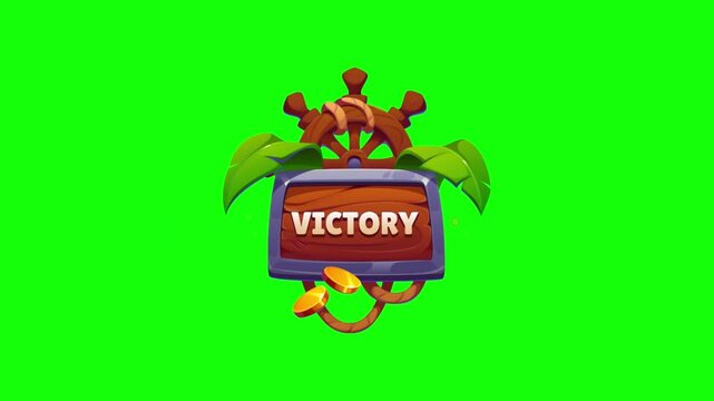 Animated victory sign with trophy, coins, and ship wheel on green screen