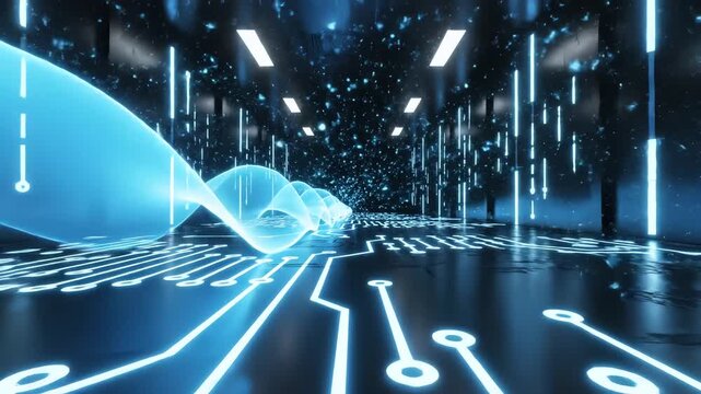 Abstract digital visualization of a glowing blue DNA helix and circuit board patterns in a futuristic, dark environment.