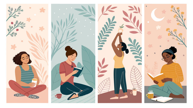 Women practicing yoga reading and relaxing in nature inspired illustrations