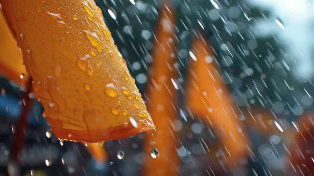 Saffron religious flags during heavy monsoon rain in Maharashtra India