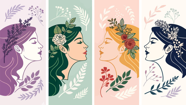 Four women with flowers in hair colorful profile illustrations floral headpieces leaves and branches on pastel