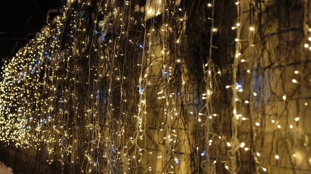 Golden string lights creating festive illumination for Christmas and new year holidays