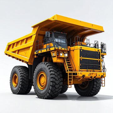 Massive yellow mining dump truck with oversized wheels on white background