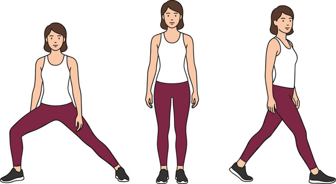 Woman demonstrating side lunge exercise and standing poses flat vector illustration for fitness and workout training