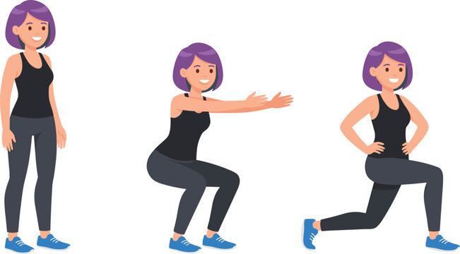 Woman performing squat and lunge exercise poses flat vector illustration for fitness workout and active lifestyle
