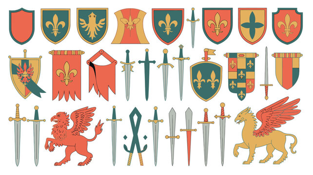 Collection of heraldic shields swords and mythical creatures in a flat vector illustration style high quality