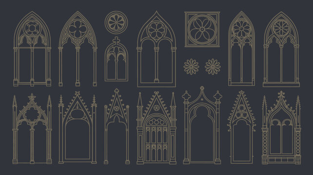 collection of gothic arched windows and rose windows line drawing style on dark background high quality