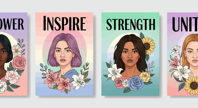 Diverse women empowered illustrations with flowers and inspirational quotes on colorful backgrounds