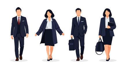 Obraz premium Group of business professionals walking in formal attire with briefcases and bags against a white background