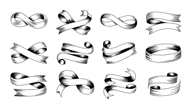 Collection of vintage ribbon banners and scrolls black and white engraving style high quality professional detailed