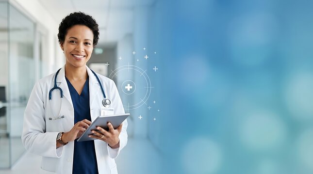 Confident black female doctor using digital tablet in hospital corridor, professional medical practitioner with stethoscope, healthcare technology concept