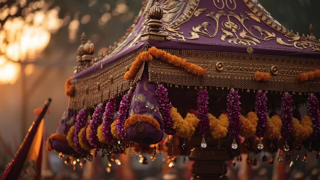 Ornate decorated palanquin carried in a religious street festival procession