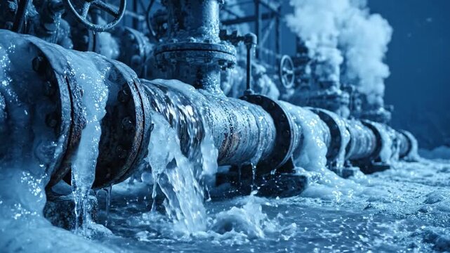 Pipe leaking water with ice buildup and valve damage in cold industrial environment showing frost, rusted metal, melting ice, dripping water, and urgent repair need with steam background