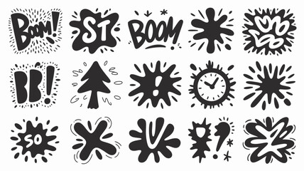 Collection of hand drawn comic book explosion and sound effect illustrations in black ink high quality © Roxxxxxxxxx