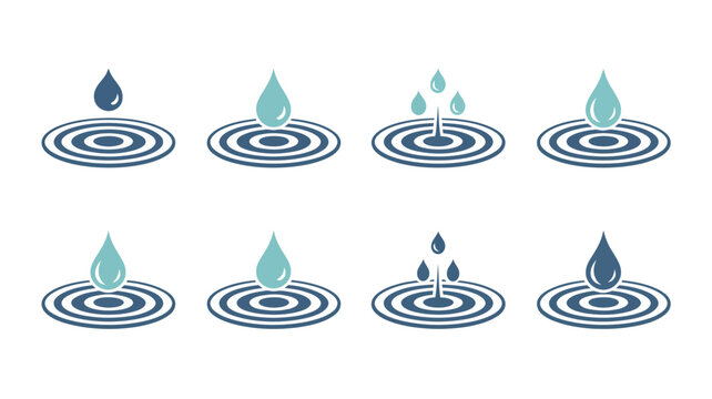 Water drop ripple icons set stylized blue droplets with concentric waves on white high quality professional