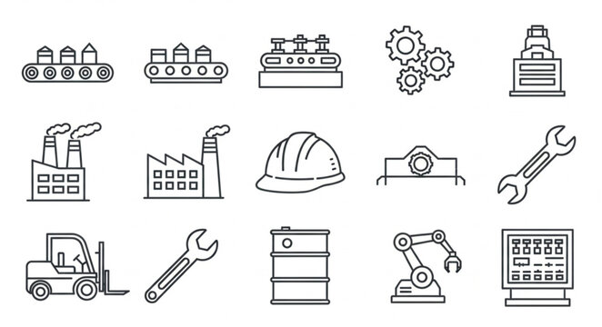 Industrial tools and machinery icons set.