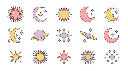 Celestial pattern with sun moon stars and planets colorful vector illustration on white background high quality © Roxxxxxxxxx