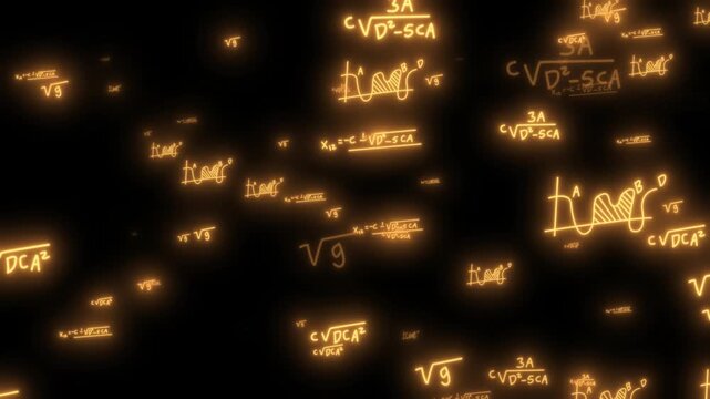 Gold Glowing Math Formulas and Geometry Theory with Fast Camera Zooming motion video. Luxury Gold Scientific Background: Shined Numbers and Complex Equations Loop.