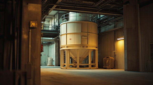 Large industrial storage silo standing in an empty warehouse, highlighting manufacturing processes and bulk material handling within a factory environment