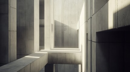 Naklejka premium Abstract brutalist architecture featuring geometric shapes and a long corridor structure, contrasting light and shadow on grey concrete surfaces creating a minimalist urban environment