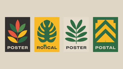 Four botanical posters with leaf illustrations and bold typography on a neutral background high quality professional © Roxxxxxxxxx