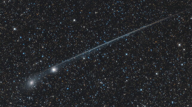 Comet with glowing coma and long dust tail streaking through a star filled dark universe, leaving a luminous trail against a vast cosmic backdrop of distant stars and nebulae