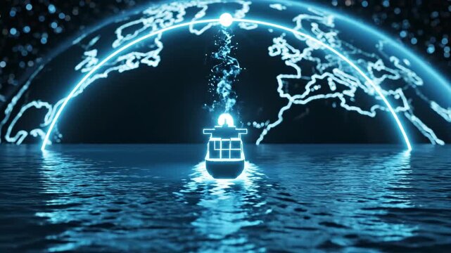Illuminated cargo ship navigates through glowing ocean waters beneath a digital globe, showcasing a futuristic maritime scene with vibrant blue light effects and detailed world map