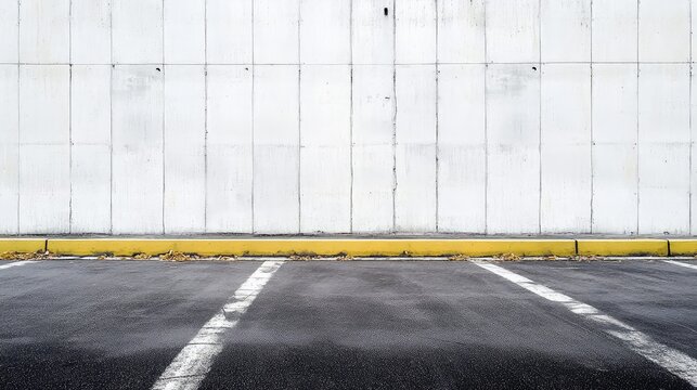 Empty parking space providing ample room for design elements or text, featuring a dirty white concrete panel wall and a bright yellow curb against dark asphalt