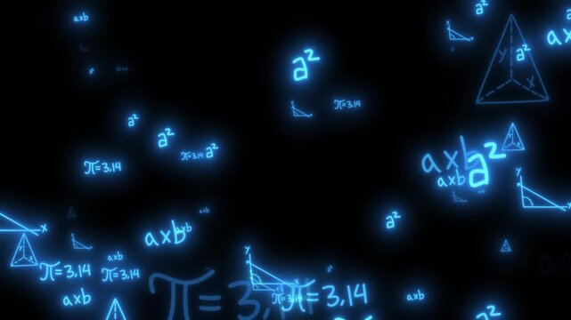 Glowing Blue Math Formulas and Geometry Theory with Fast Camera zooming Motion video. Scientific Mathematical animation on black Background.