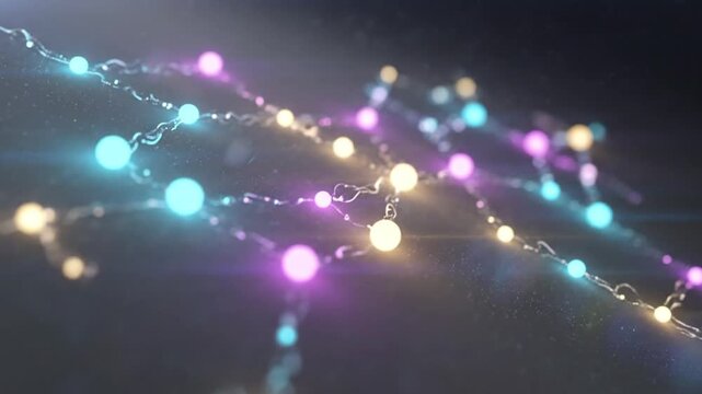 Abstract strings of colorful light beads connected with shimmering lines creating a digital network