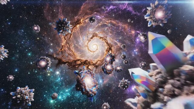 Cosmic journey through a swirling nebula galaxy with floating crystalline planetary formations, hyperjump speed effect and vibrant space colors.