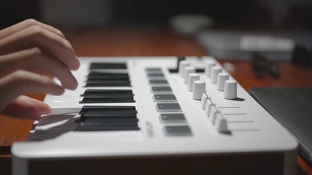 Close-up of human hands playing keys and adjusting knobs on a white compact MIDI keyboard controller in a music studio.
