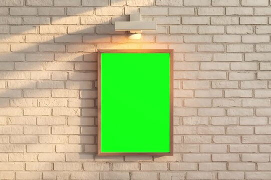 Framed Canvas Display on Brick Wall: A detailed shot of an empty green screen canvas, framed and affixed to a textured brick wall with a light fixture providing illumination