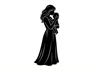 Fototapeta premium A high-contrast black and white silhouette vector depicting a tender moment between a mother and her infant. The illustration shows a woman in a long dress holding her baby close and gently kissing 