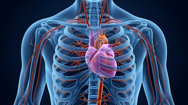 Human heart anatomy illustration, medical 3D rendering of cardiovascular system and rib cage, anatomical heart inside chest cavity
