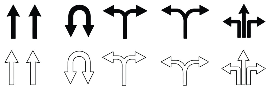 Road traffic direction arrows flat set, U-turn, left, right, two-way, and three-way arrow icons, modern stencil-style vector pack for road maps