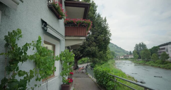 Buildings along the Eisack river in Chiusa, Italy