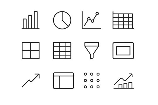 Data Analytics Icons. Data analytics dashboard backgrounds. Line outline icon set of Data analytics dashboard