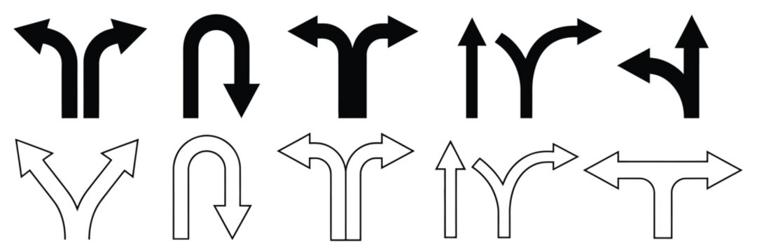 Road traffic direction arrows flat set, U-turn, left, right, two-way, and three-way transportation direction arrow symbols, clean vector illustration
