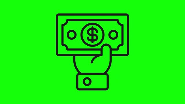 Hand withdrawing dollar bill from ATM icon animation on green screen