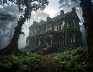 Obraz premium Eerie, overgrown mansion nestled in a foggy forest, hinting at mystery and decay