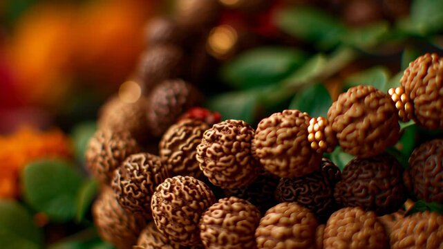 Rudraksha prayer beads necklace used during religious ceremony rituals