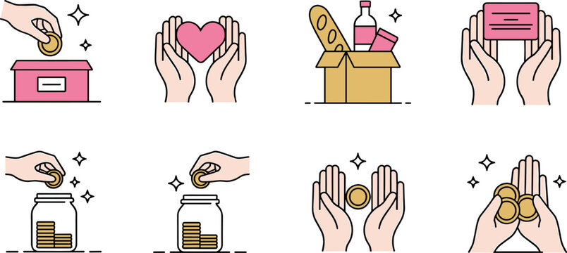 Charity and donation vector icon set featuring hands giving money coins heart and food for community support and humanitarian aid concepts