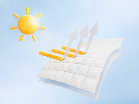 3D sun protection fabric fiber structure on blue sky background. Sunscreen material, 3 layer sunproof textile, sunblock mesh cloth. Weather resistant of UV radiation, ultraviolet rays. 3D illustration
