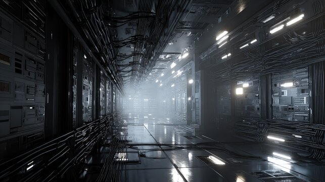 Corridor inside a dark, modern data center or server facility with bright lights and numerous wires running along walls and ceiling, focusing on technology, connection, and digital infrastructure