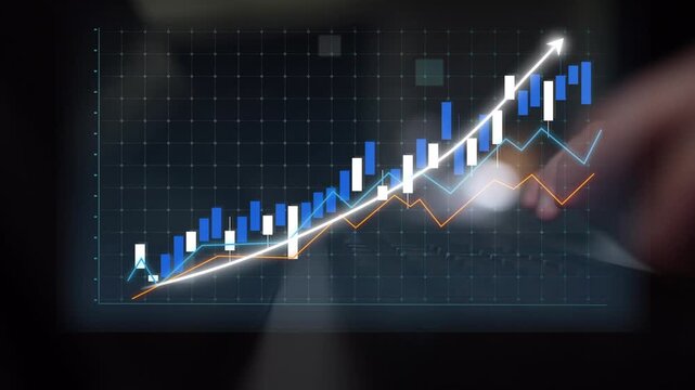 A professional setup displays a vibrant financial chart on a laptop, illustrating growth and trends in the stock market, emphasizing modern digital analytics. Copula
