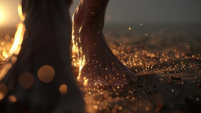 Barefoot devotee walking on sand during spiritual pilgrimage at sunset