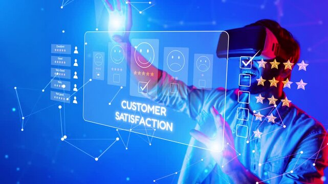 A young man engages with a virtual reality headset, exploring customer satisfaction metrics through an advanced holographic interface in a vibrant digital backdrop. Raster