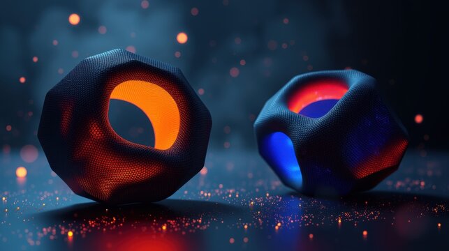 Abstract polygonal objects glow. Dramatic lighting creates vibrant color contrast, plus sparkling dust effect. Dark background enhances visual impact.