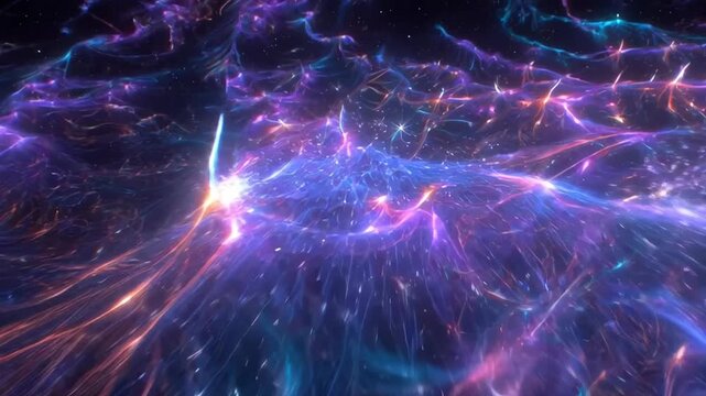 Slow motion tracking pan of energy nebula plasma stream flowing and swirling through deep cosmic void in galactic space